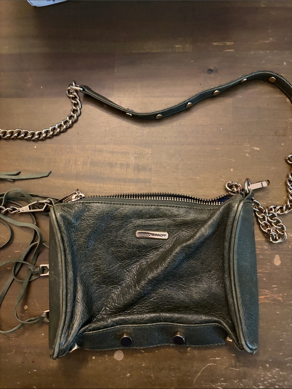 Rebecca Minkoff Dark Green Leather Crossbody Bag with Chain Strap